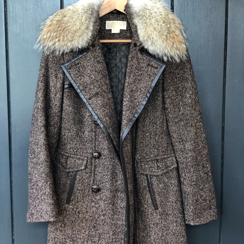 MICHAEL Kors Double Breasted Tweed Fur Collar Coat